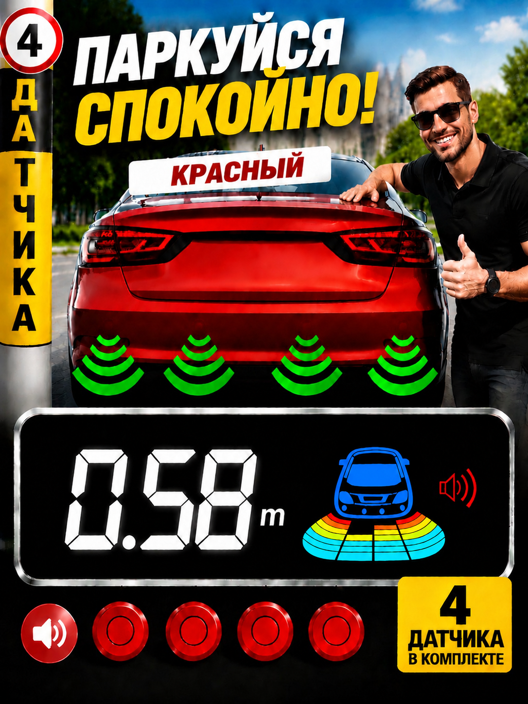 Парктроник с цветным дисплеем Y-79360 4 датчика красный цвет