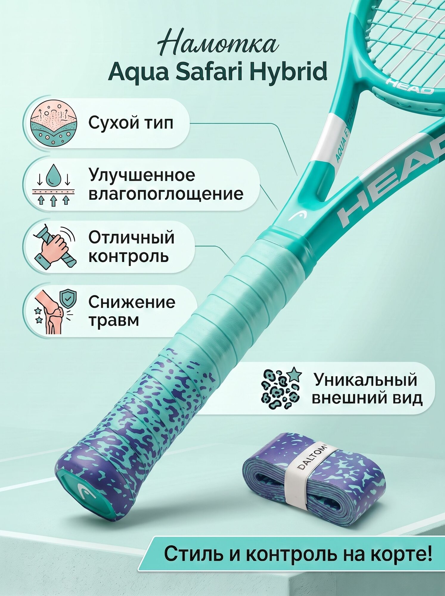 Намотка для ракетки Тиффани Сафари. С леопардовым рисунком. Сухой тип обмотки. Цвет Тиффани с синим. Для тенниса, падела, бадминтона и сквоша.