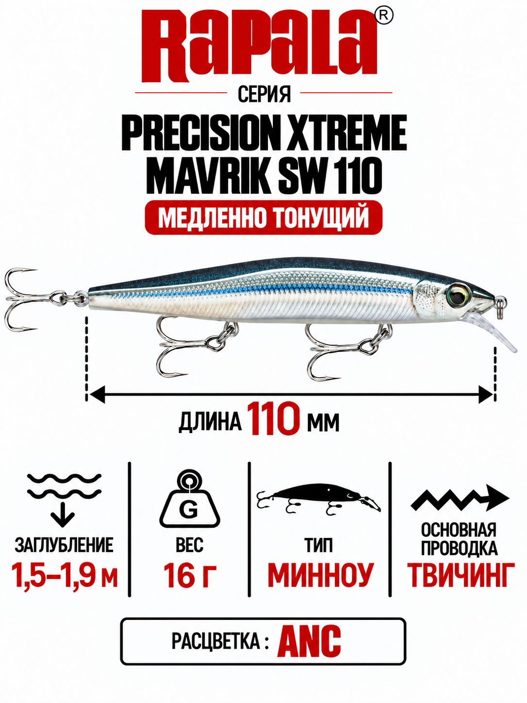 Воблер RAPALA Precision Xtreme Mavrik Sw 110 ANC медленно тонущий 1,5-1,9м, 11см, 16гр