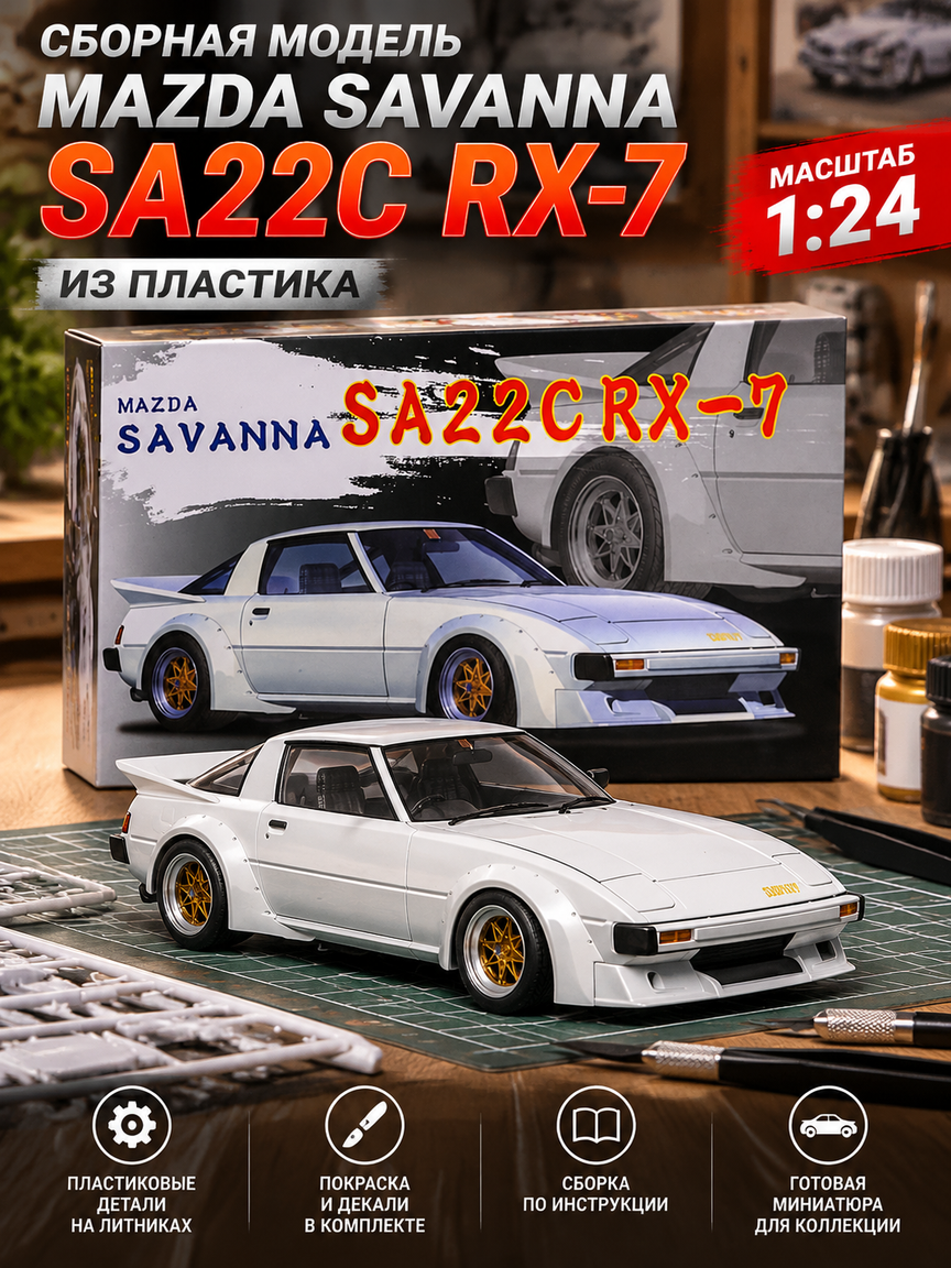 Набор для сборки Mazda Savanna SA22C RX-7 1:24 из пластика, модель авто для моделистов