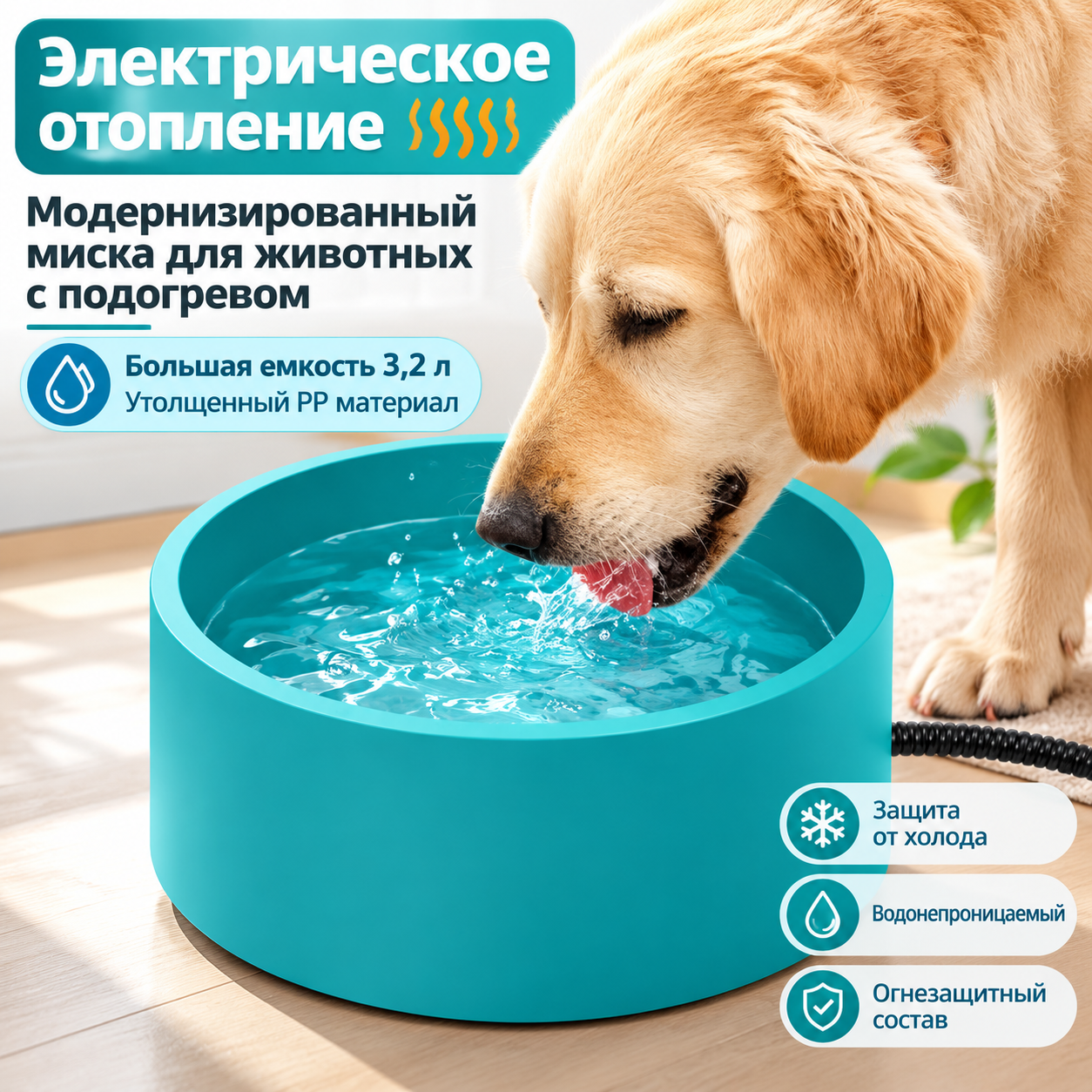 Подогреваемая поилка-миска для кошек и собак 2,5 л, зимняя термочаша 35 Вт, IP24, защита провода от укусов