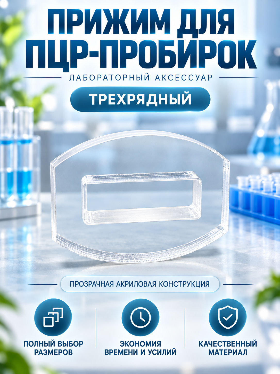 Пресс-открыватель крышек для ПЦР-пробирок 8-рядных, прижим акриловый лабораторный инструмент