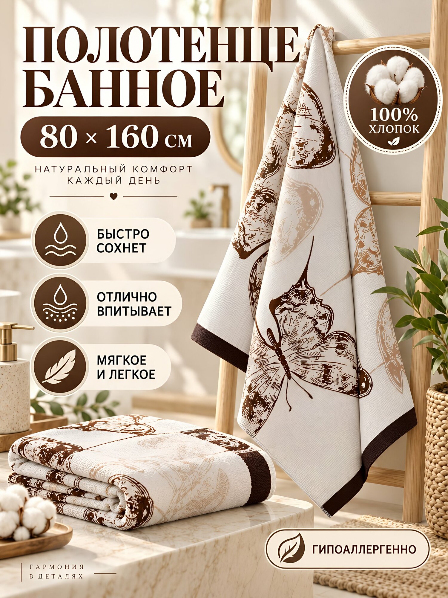 Полотенце банное 80х160 см из хлопка, бежево-коричневое, с рисунком