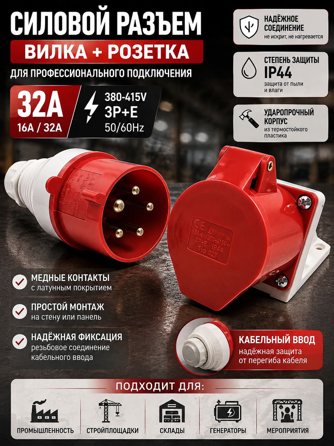Силовой разъем 5 контактов 32А 380V; Вилка и розетка настенного крепления