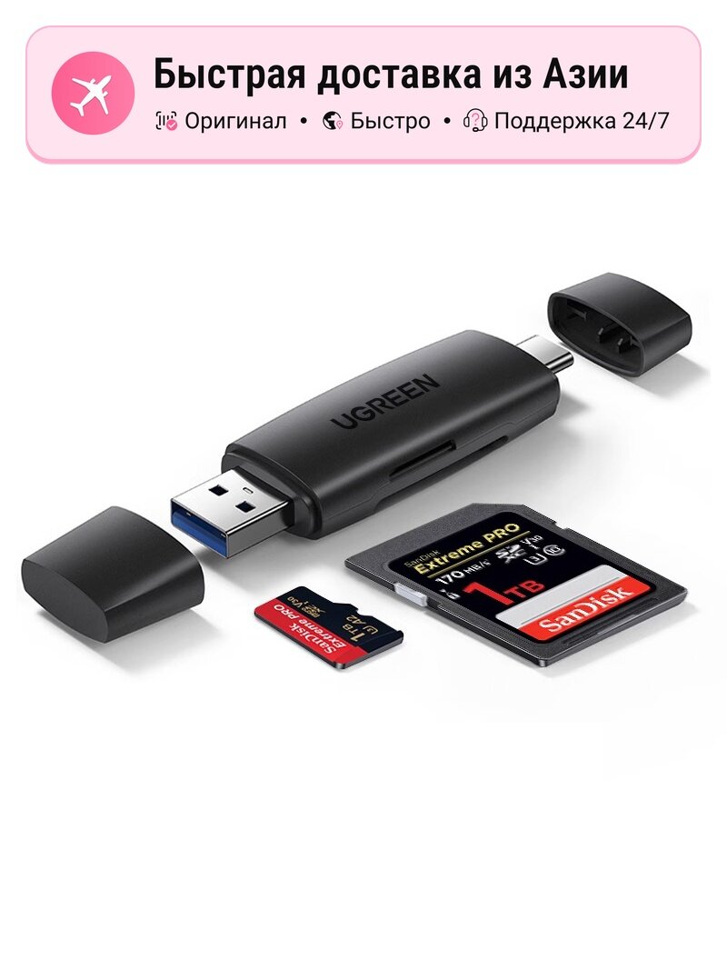 USB-считыватели карт UGREEN 80191-dual interface-dual card, deep black, поддержка TF/SD карт