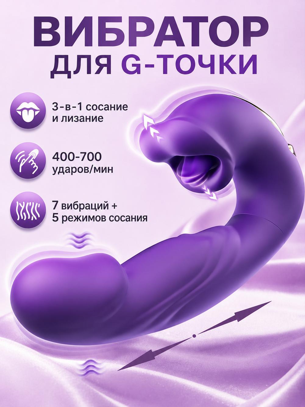 Вибратор с функцией всасывания и имитации языка, 7 режимов, фиолетовый