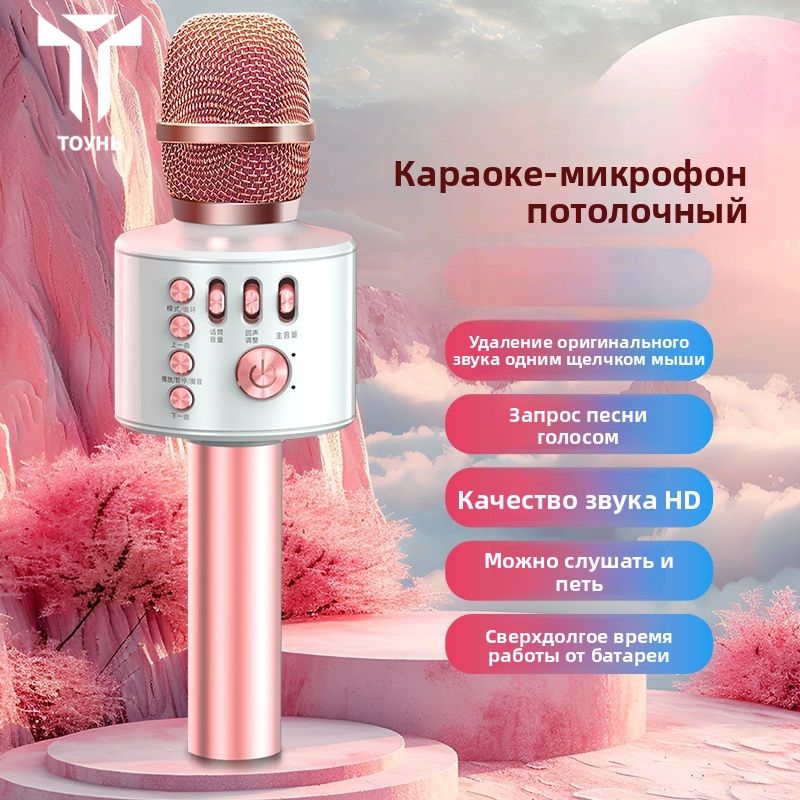 Микрофон-Колонка 2-в-1 для Караоке, Беспроводной Bluetooth, Поддержка TF-карты, Выход Наушников, 23x7.6 см
