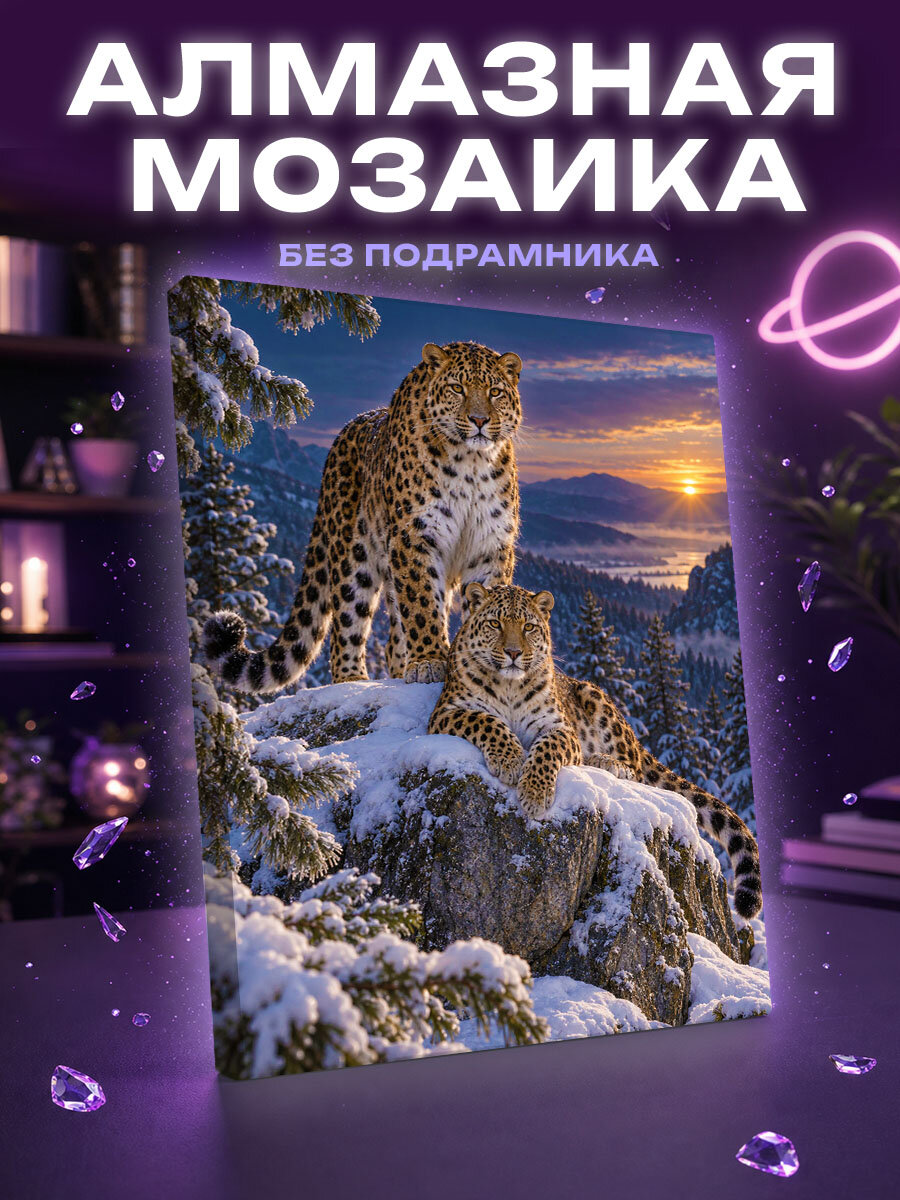 Алмазная мозаика Леопарды в заснеженной амурской тайге