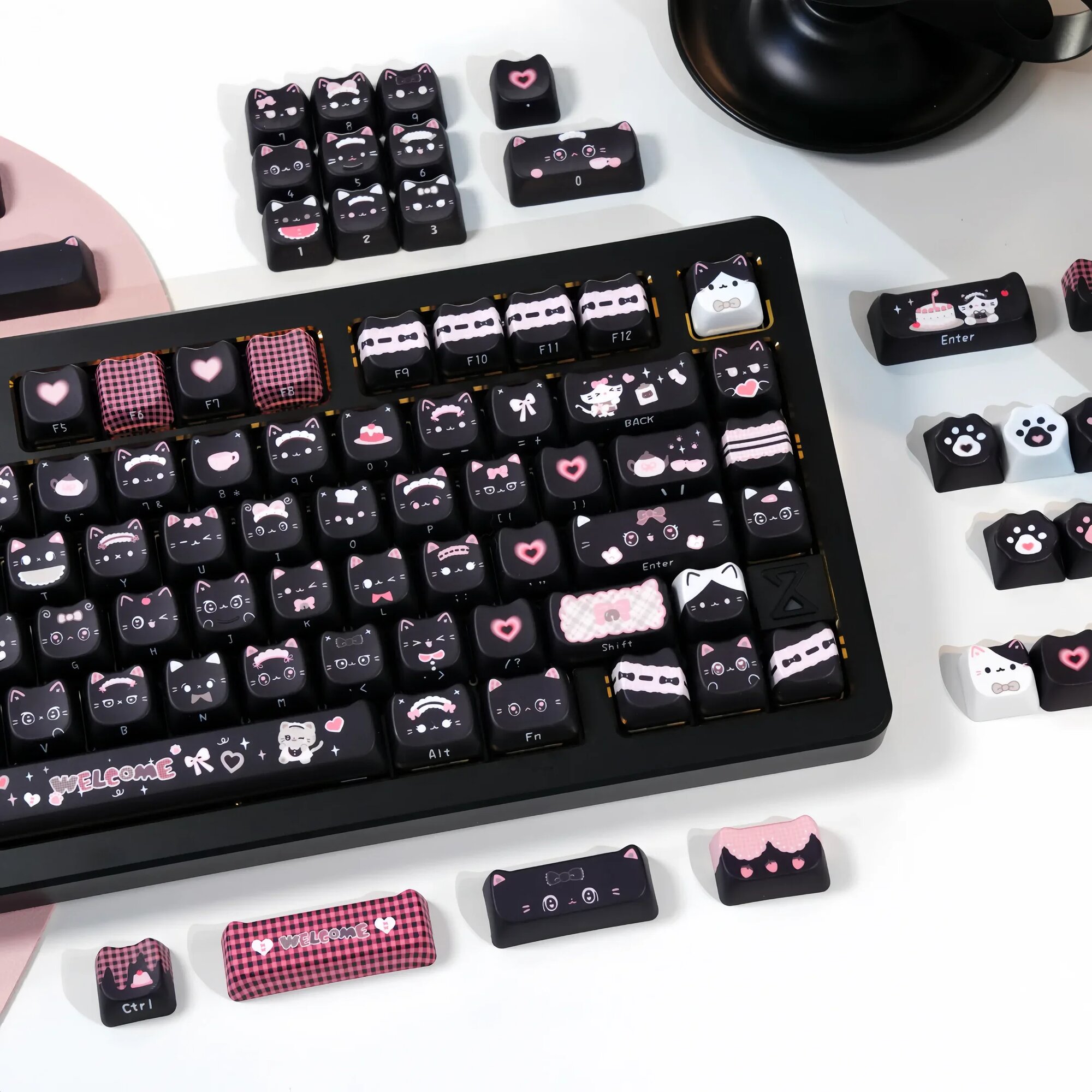 Колпачки для клавиш AEVYVKV черные с котом PBT 140 шт