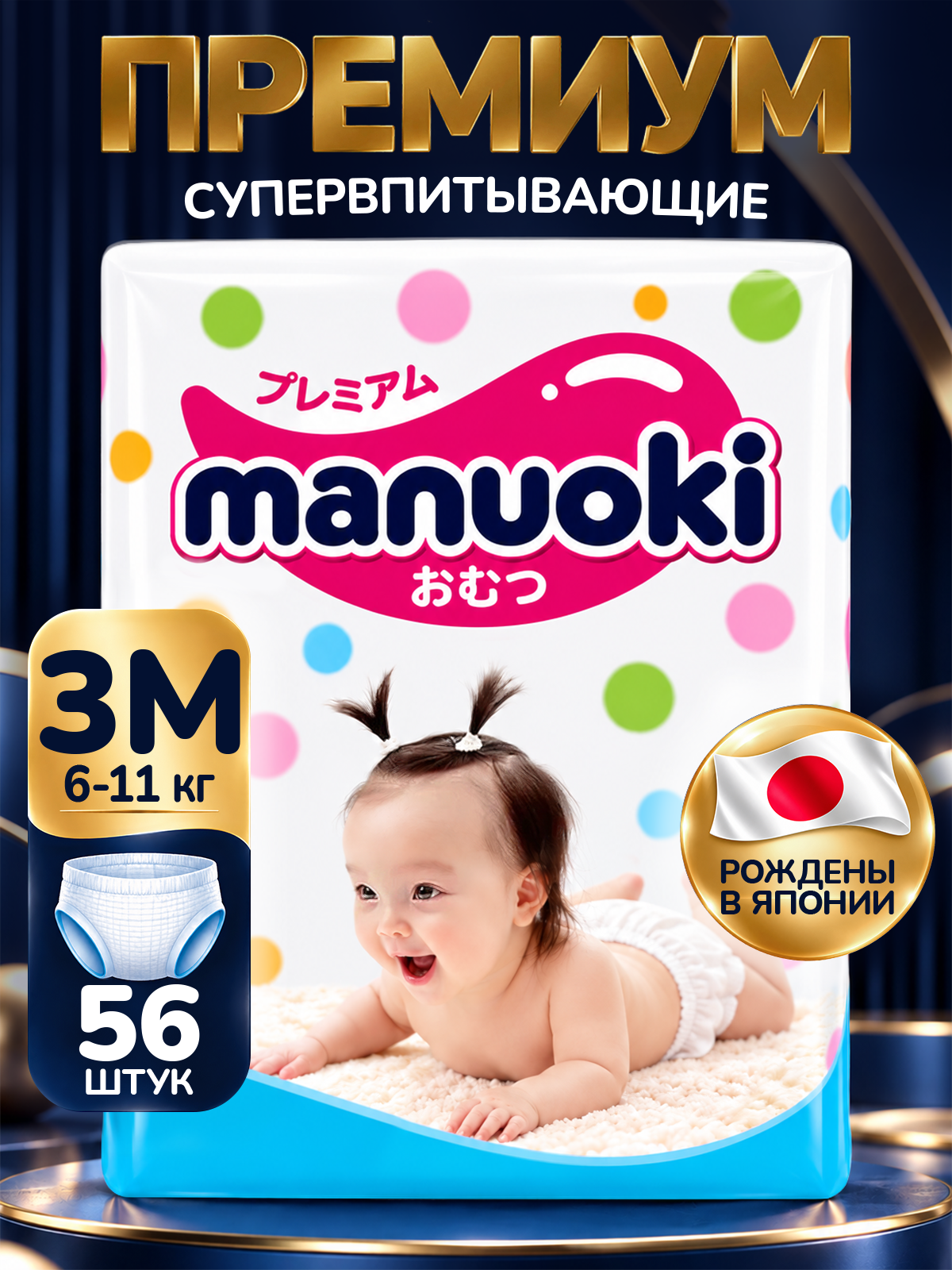Подгузники-трусики Manuoki M 6-11 кг 56 шт для новорожденных (JPM001)