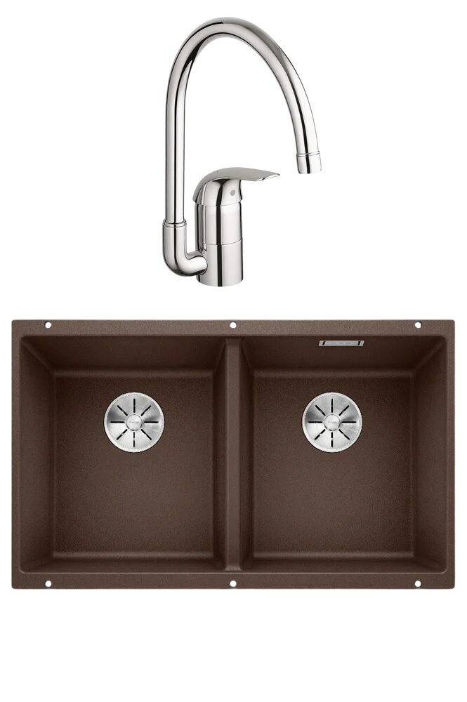 Комплект Мойка Blanco Subline 350/350-U 75x46, кофе, искусственный гранит / Смеситель Grohe Euroeco 32752000 глянцевый хром