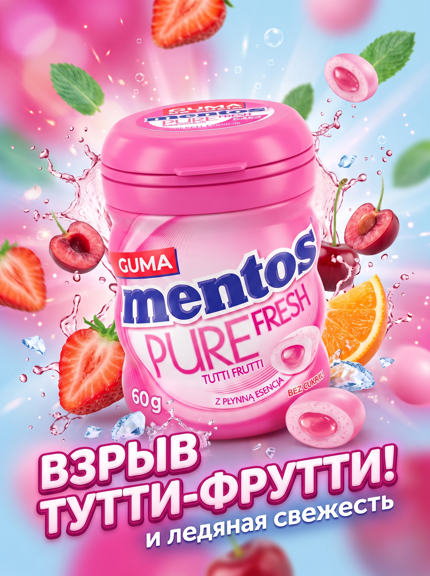 Mentos Pure Fresh Tutti Frutti Жевательная резинка / Ментос Тутти Фрутти, 60г (Польша)
