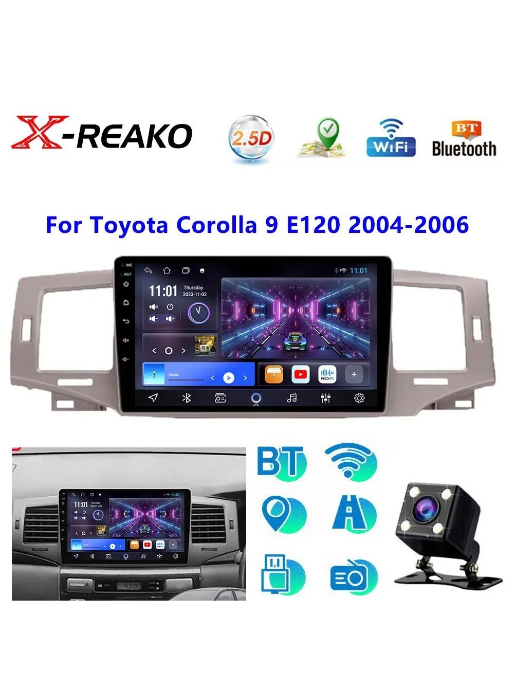 Автомагнитола X-REAKO 2 DIN 9" для Toyota Corolla 2004-2006, 2/64 ГБ