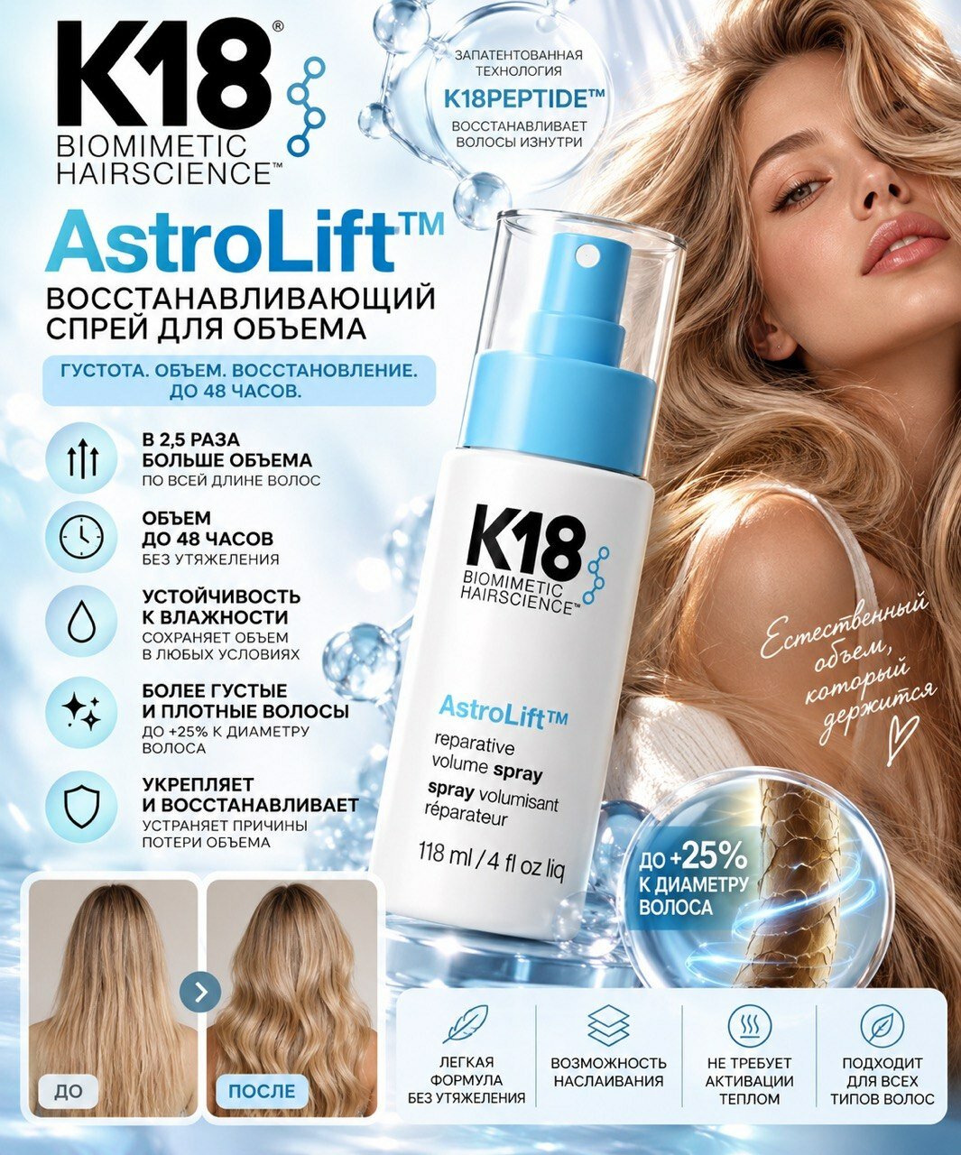 K18 Astro Lift Спрей для придания безупречного объема и плотности, 118 мл