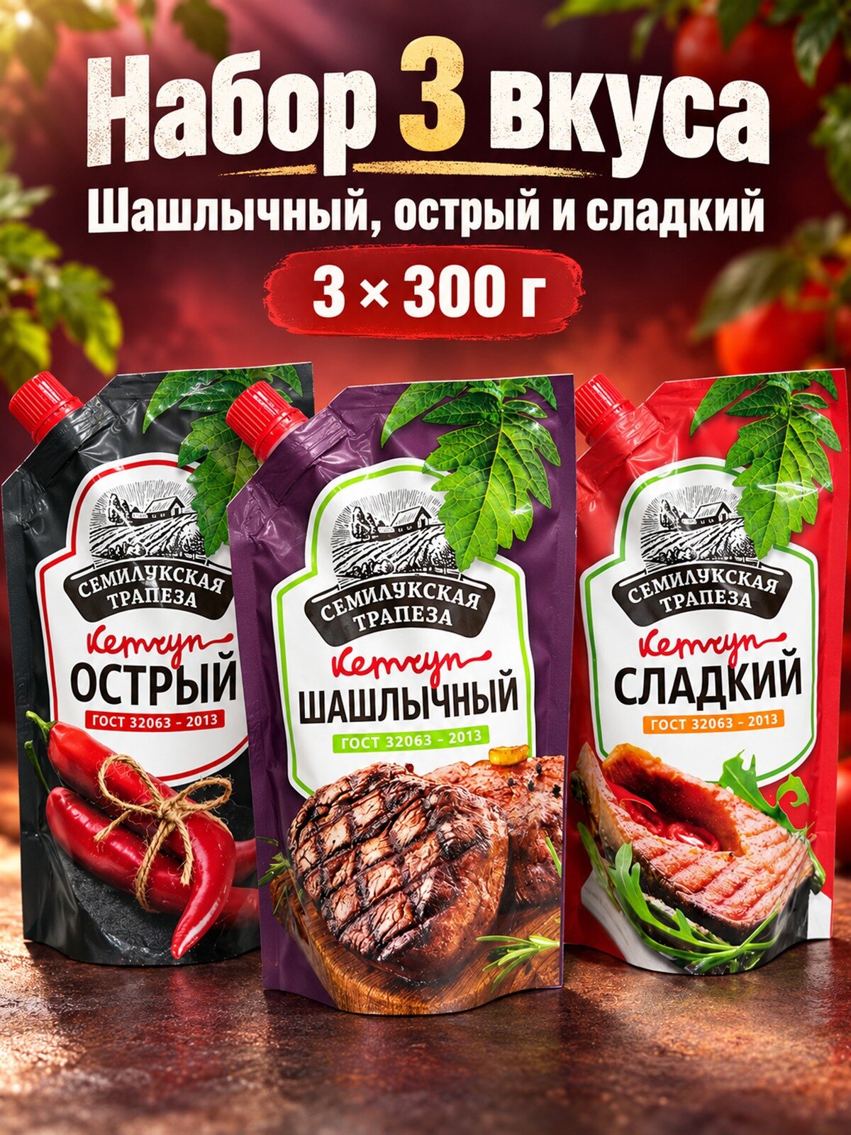 Набор кетчупов Семилукская трапеза Шашлычный, острый и сладкий, 3 вкуса по 300 г: шашлычный, острый, сладкий, кетчупы к мясу, шашлыку, пасте и пицце в одном заказе