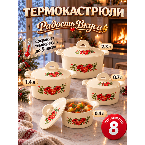 фото Термокастрюли leomax "магия вкуса", 4 шт, для хранения еды, нержавеющая сталь, бежевые