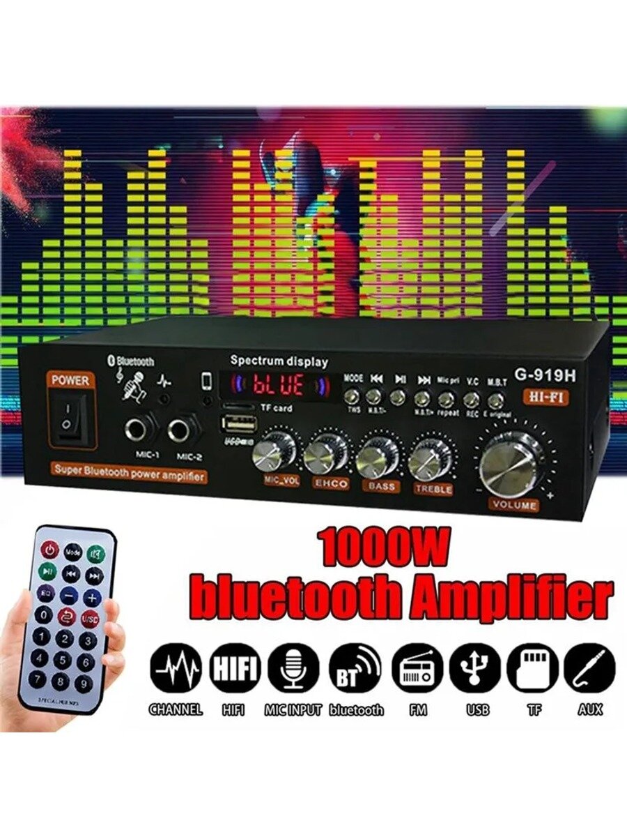 Усилитель мощности Hi-Fi Bluetooth 1000 Вт с USB, TF, AUX, FM и пультом ДУ