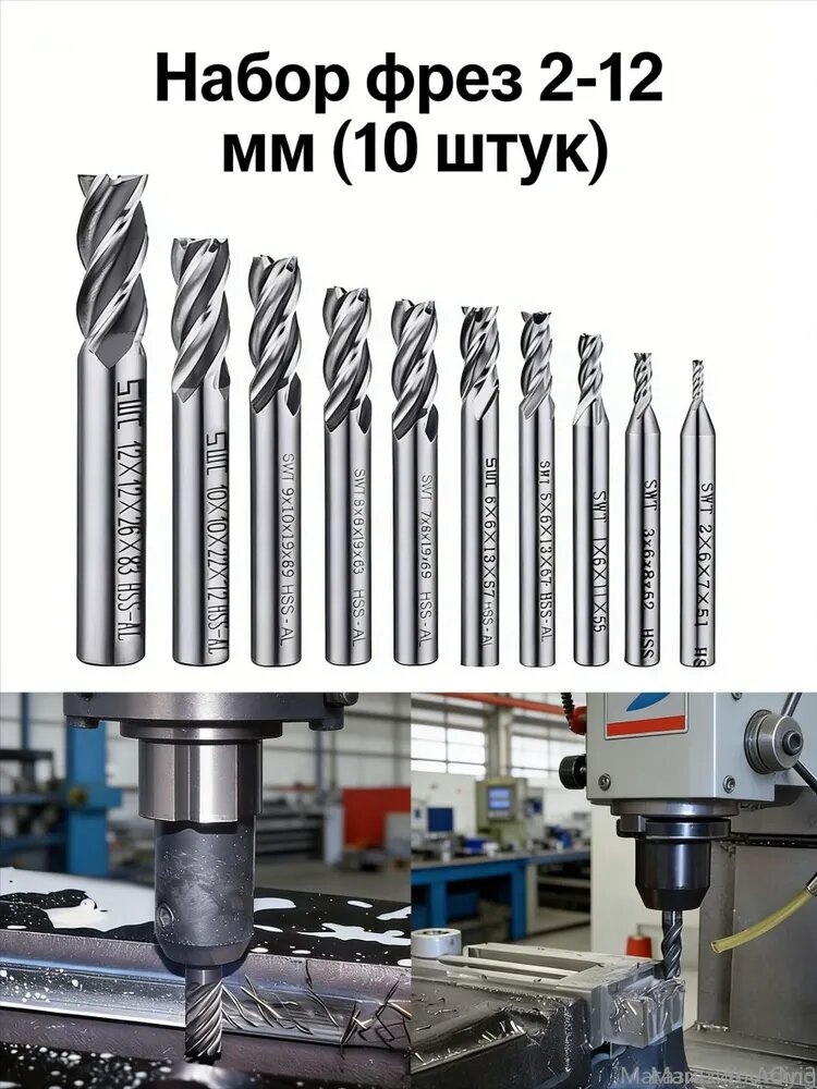 Набор фрез для токарного станка, 4-х канавочные, 2-12 мм, 1 набор