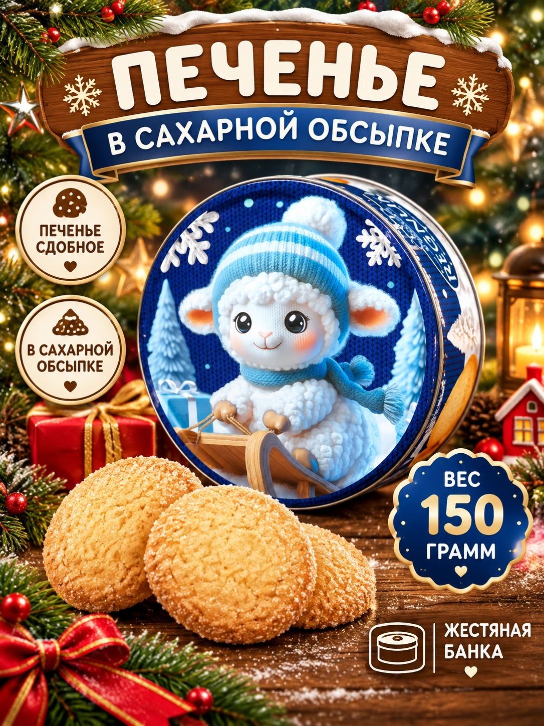 Печенье в жестяной банке сдобное символ года овечка, 150г