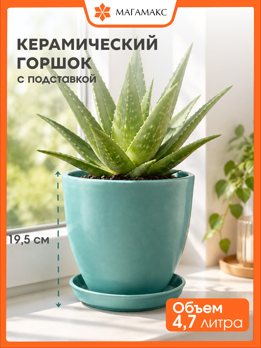 Керамический горшок цветочный ВеЩицы "Бутон" с подставкой блюдцем / объем 4,7 л, цвет бирюзовый