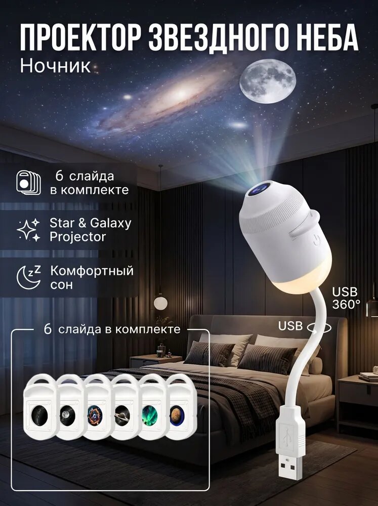 Проектор звездного неба ночник с HD линзой и гибким USB 360, Galaxy Star Projector для спальни и авто, 43х43х66 мм (шнур 300 мм) , 6 в 1.