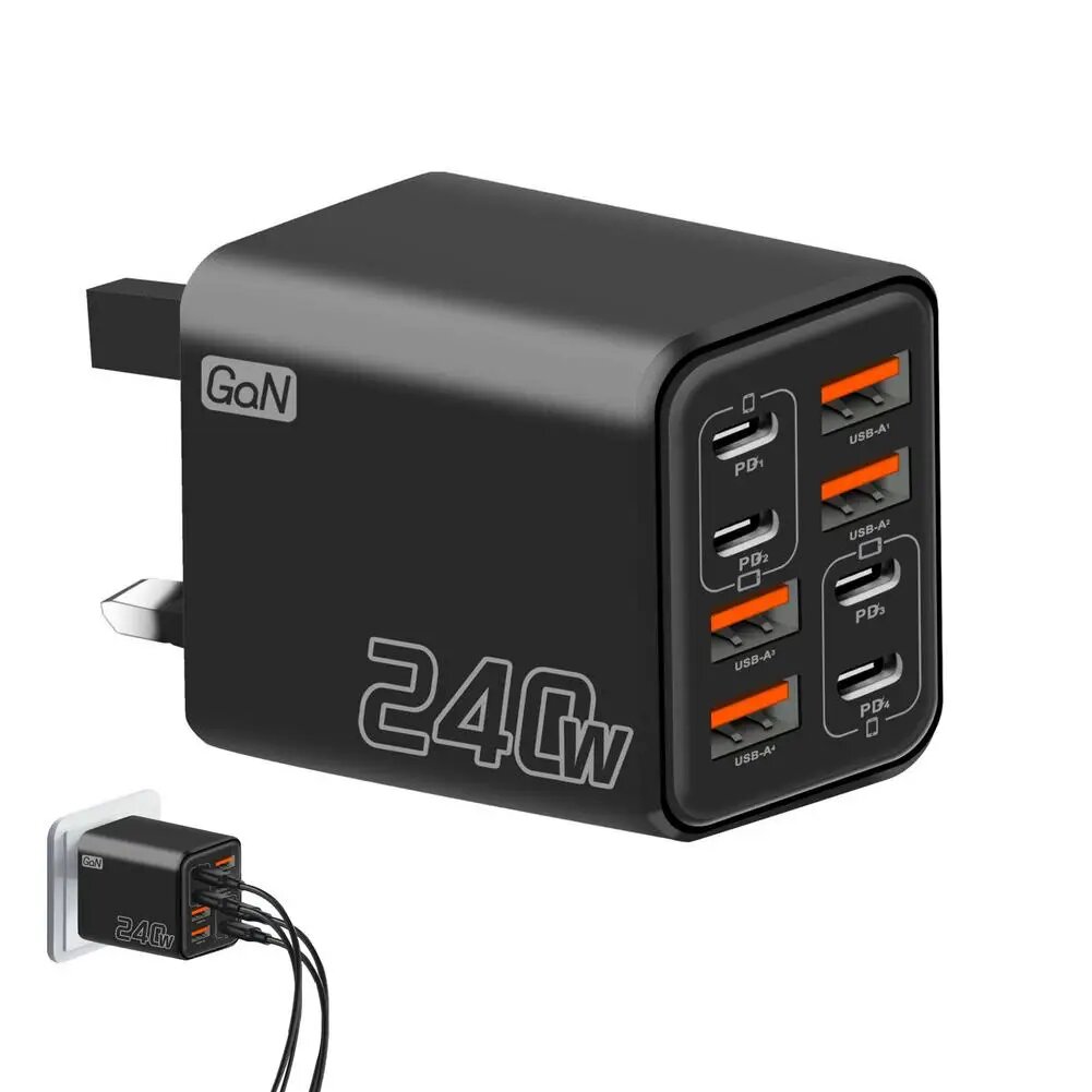 Зарядное устройство USB с 8 портами (4PD+4USB) мощностью 240 Вт, быстрая зарядка, Черный, Black1