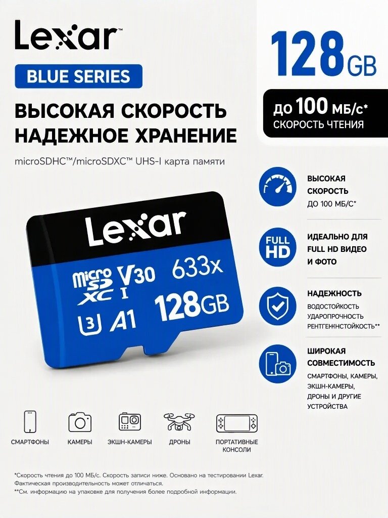 Карта памяти Lexar High-performance 633x microSDXC UHS-I 128GB, U3 Class10 V30, для видеорегистратора, смартфона и камер