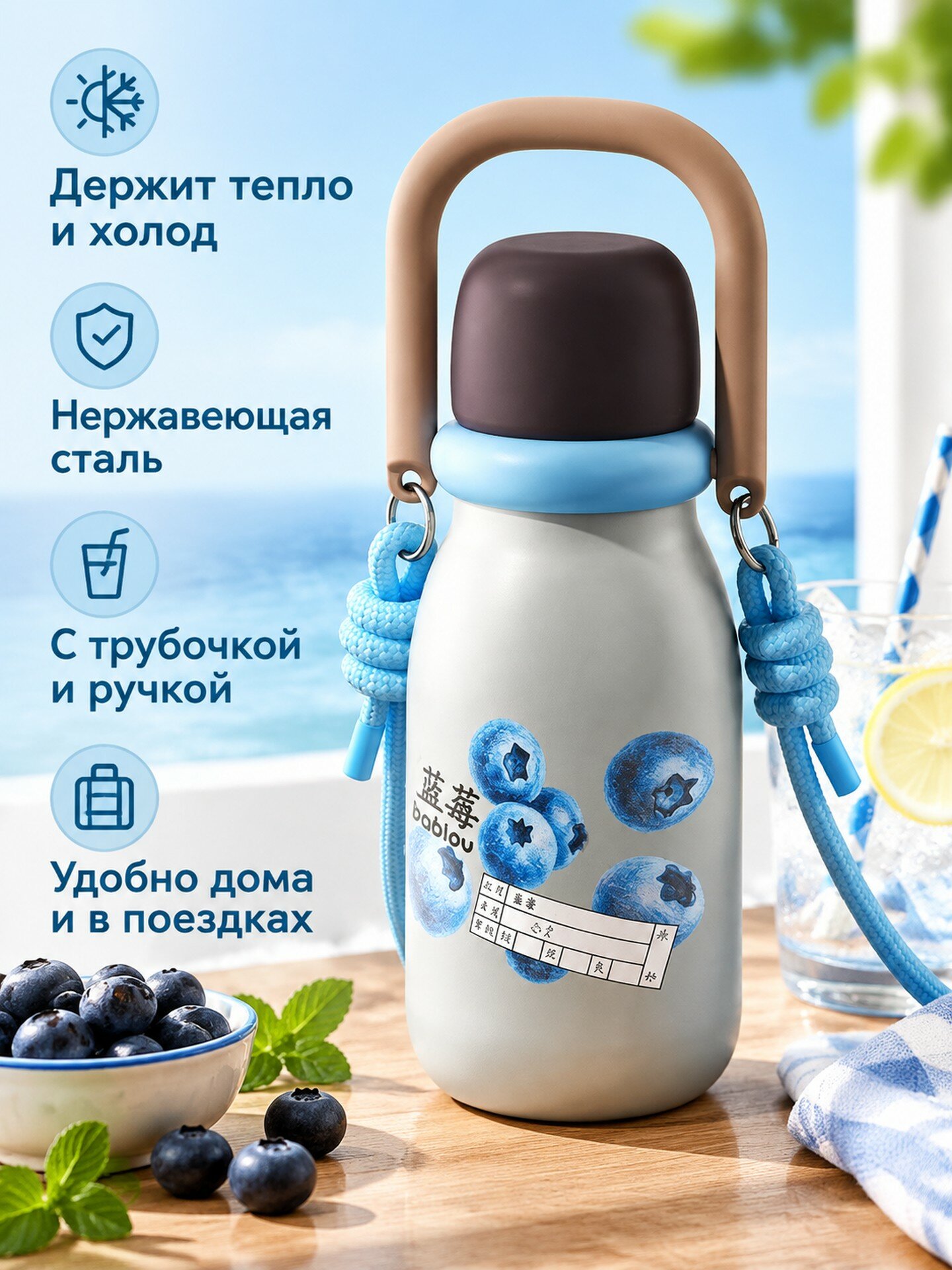 Термокружка из нержавеющей стали с трубочкой и ручкой для напитков дома и в поездках, Черничный магазин, 670 мл