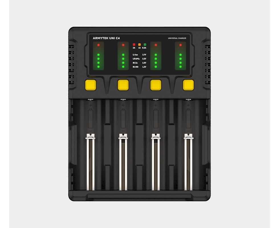 Зарядное устройство для аккумуляторов Armytek Uni C4, 4 слота, Li-Ion и Ni-MH, для 18650, AA и AAA, до 2 А