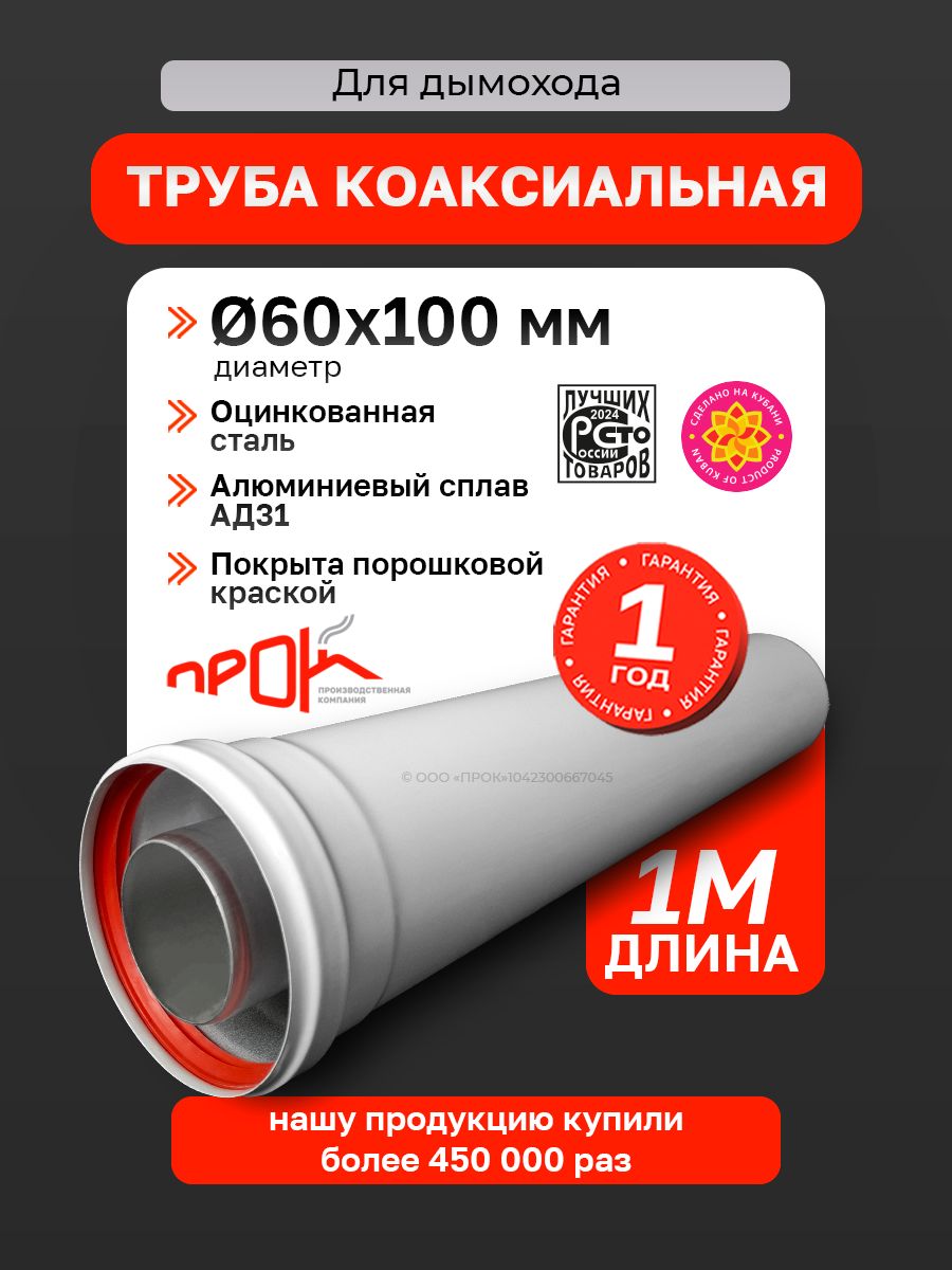 Труба коаксиальная, удлинитель коаксиального дымохода "Прок" 60/100 1 м (метр)