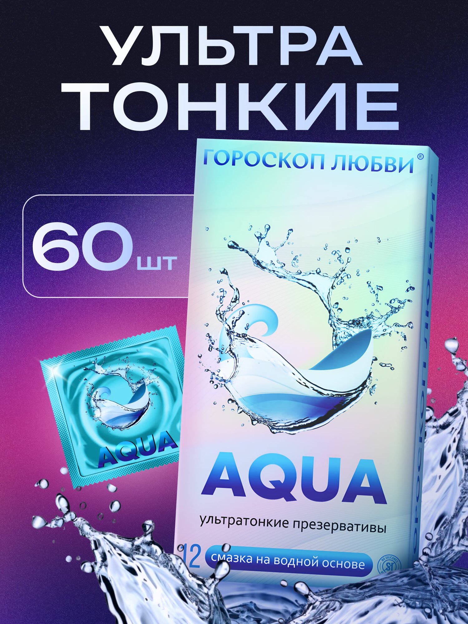 Ультратонкие презервативы Гороскоп любви Aqua, cо смазкой на водной основе, 60шт