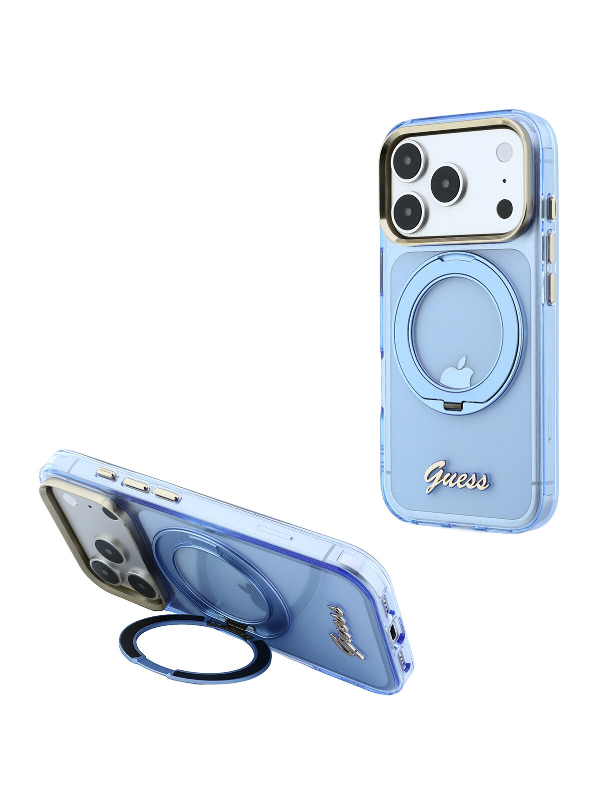Чехол Guess на iPhone 18 Pro/17 Pro, с магнитами MagSafe, с функцией подставки, с защитой камеры, голубой