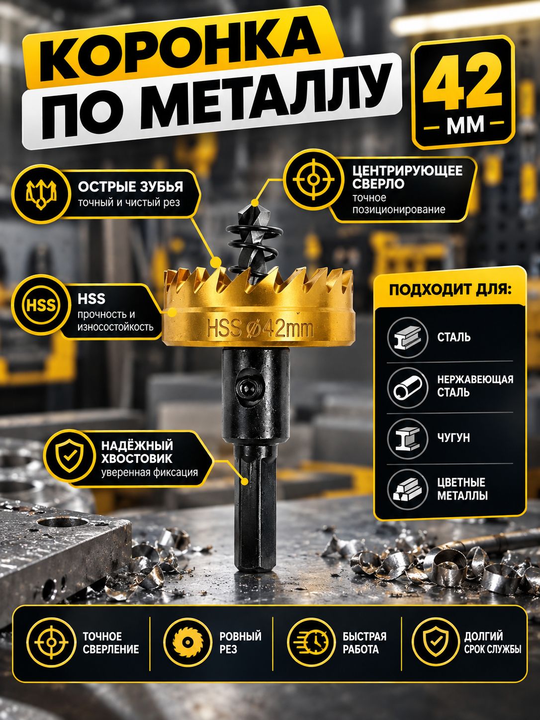 Коронка по металлу 42 мм HSS цилиндрическая с центрирующим сверлом для перфоратора