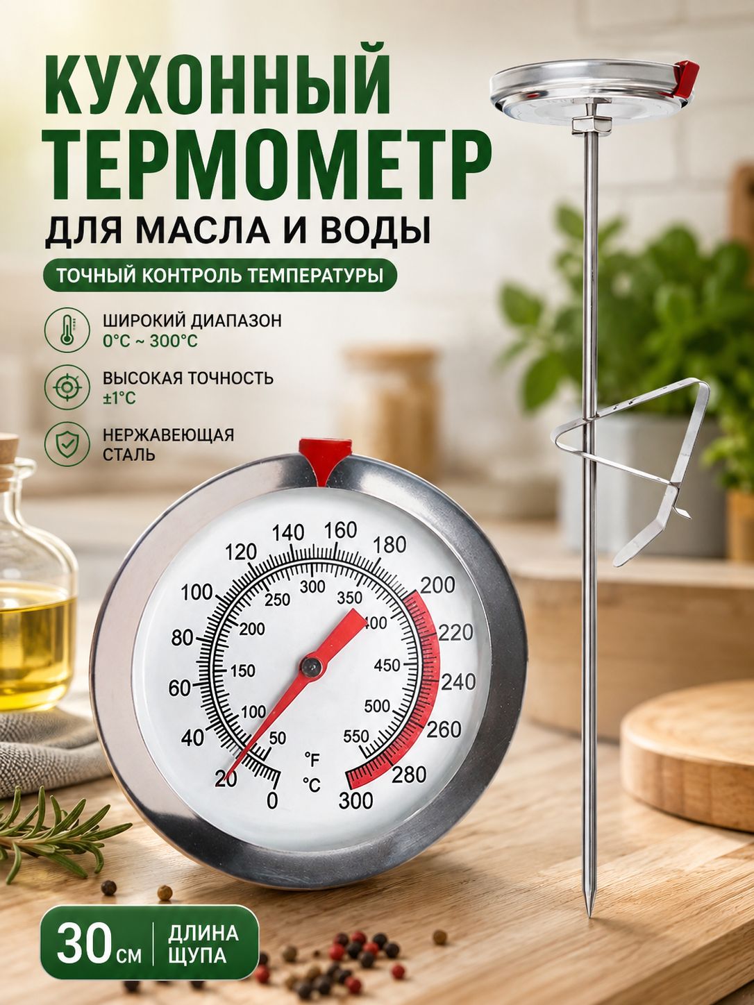 Кулинарный термометр полоска-индикатор, щуп 40 см