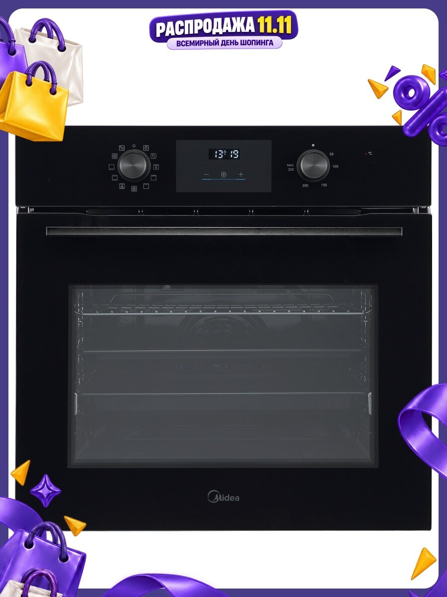 Встраиваемый духовой шкаф Midea MO611107YGB, 60 см, 70 л, 11 режимов, гриль, конвекция, гидролизная очистка, черное стекло