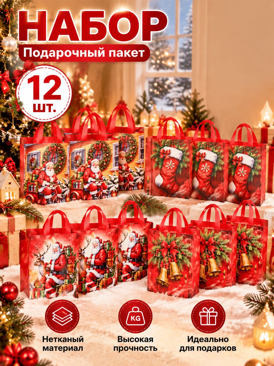 Новогодние подарочные пакеты с ручками, набор 12 шт, упаковка для новогодних подарков, для сладостей и сувениров