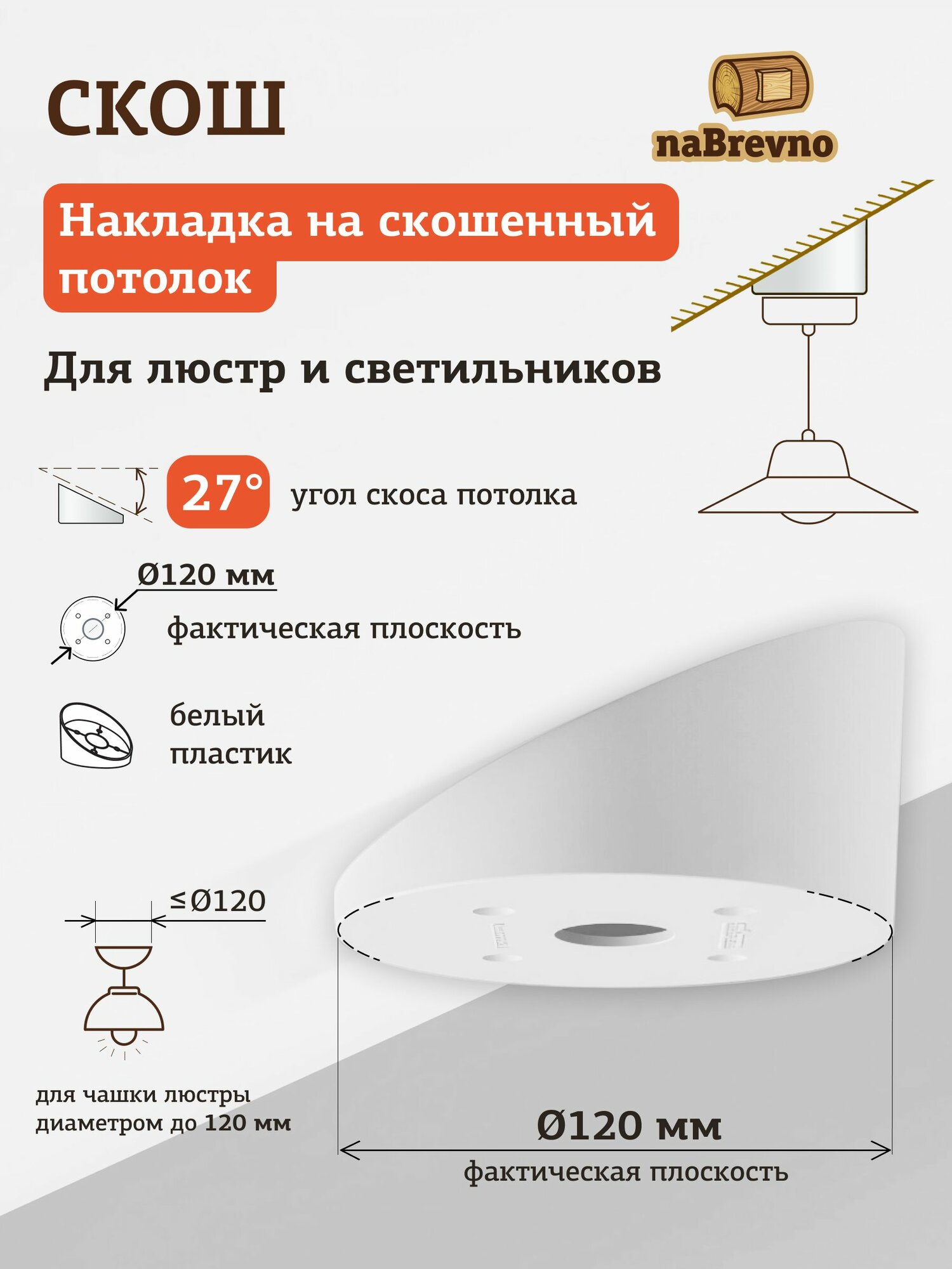 Скош пластиковый, белый. Накладка L120 (120 мм) на скошенный потолок 27 градусов, для монтажа светильников и люстр на мансардном потолке