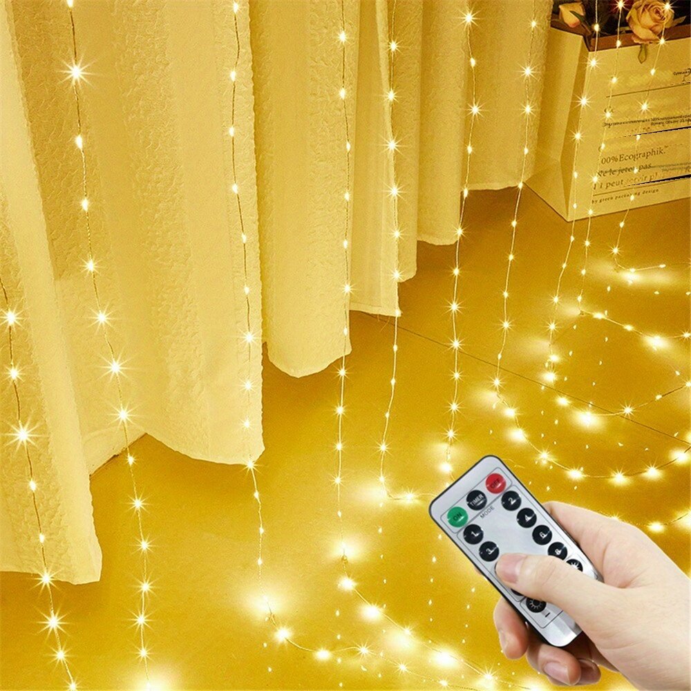 Светодиодная гирлянда-штора 600 LED, тёплый свет, 600×300 см, питание от USB, с пультом ДУ, ИК-датчиком и таймером