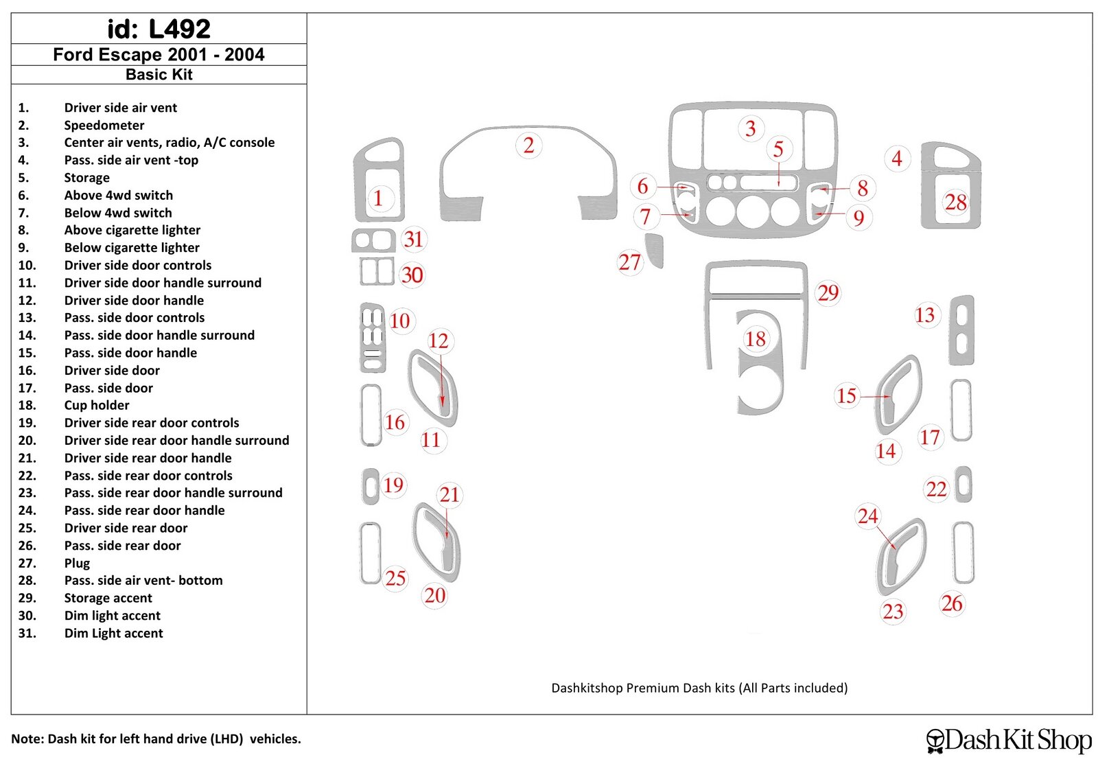 Декоративные накладки салона для Ford Escape 2001-2004. Комплект L492.