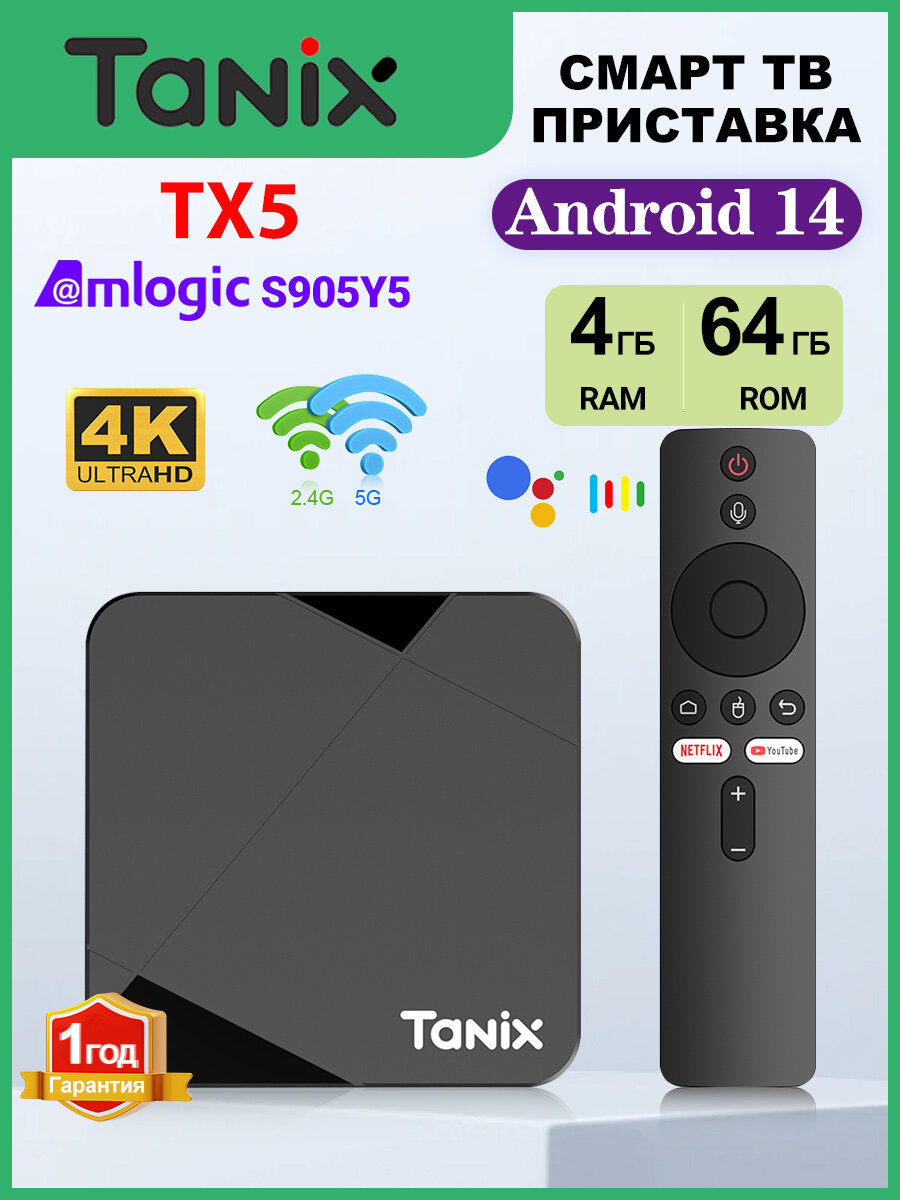 Медиаплеер Tanix tx5 4/64 ГБ Amlogic S905Y5 Android 14 smart TV приставка Поддержка 4K Ultra HD, два модуля Wi-Fi