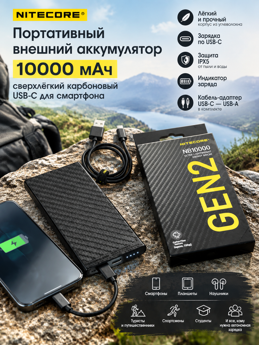 Портативный внешний аккумулятор 10000 мАч сверхлёгкий карбоновый USB-C для смартфона