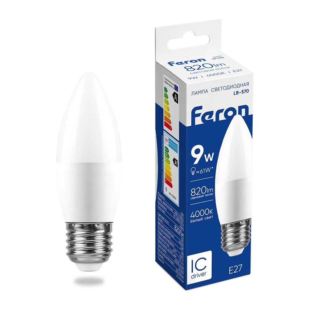Светодиодная лампа FERON 9W 230V E27 4000K, LB-570 25937