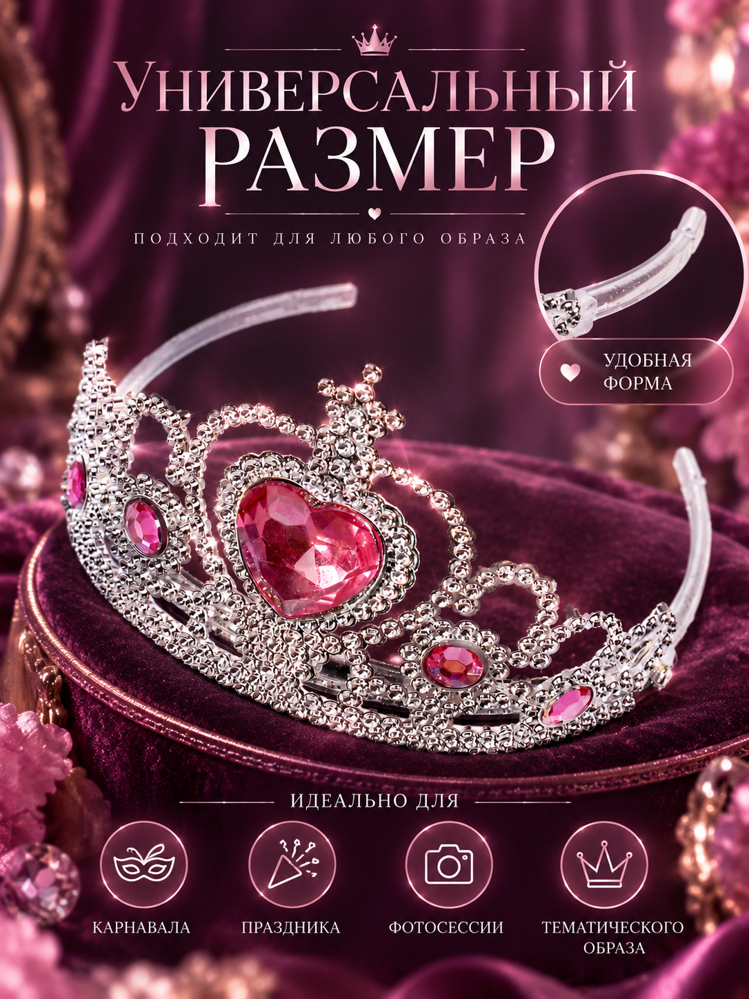 Корона Страна Карнавалия «Сердце» для девочки, цвета серебряный микс — фото 1