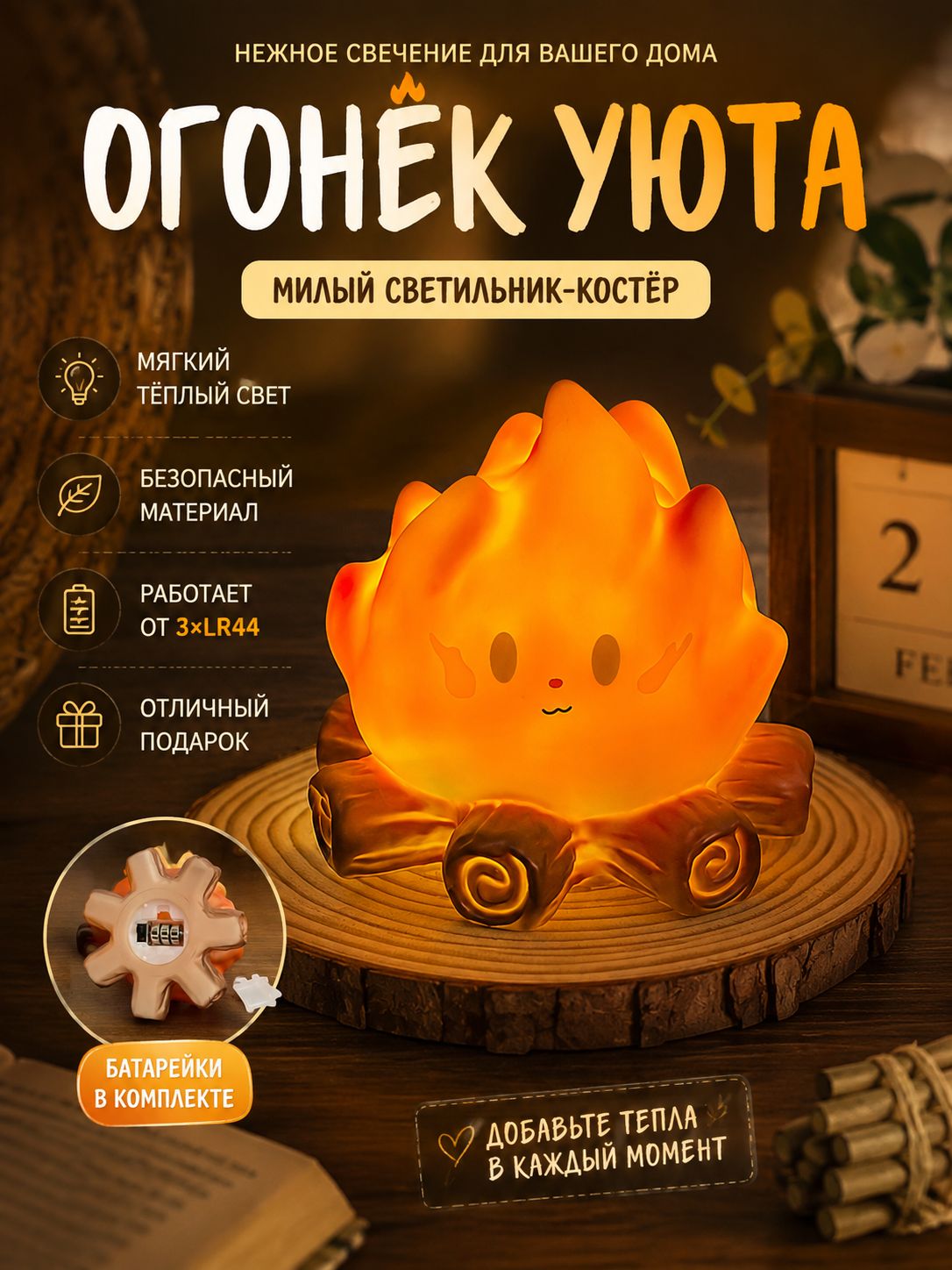**Ночник-костёр декоративный настольный для комнаты, милый огонёк для интерьера и подарка**