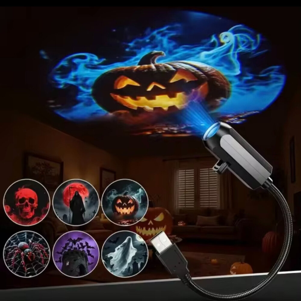 Ночник-проектор для Хэллоуина, USB-подключение, 360° вращение, 6 проекционных пленок, черный