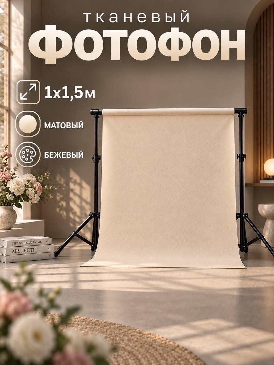 Фотофон для предметной / контентной съёмки / бежевый 1 х 1,5 тканевый