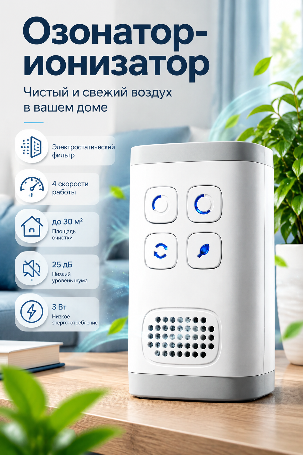 Озонатор-ионизатор воздуха для помещений до 30 м², 4 скорости