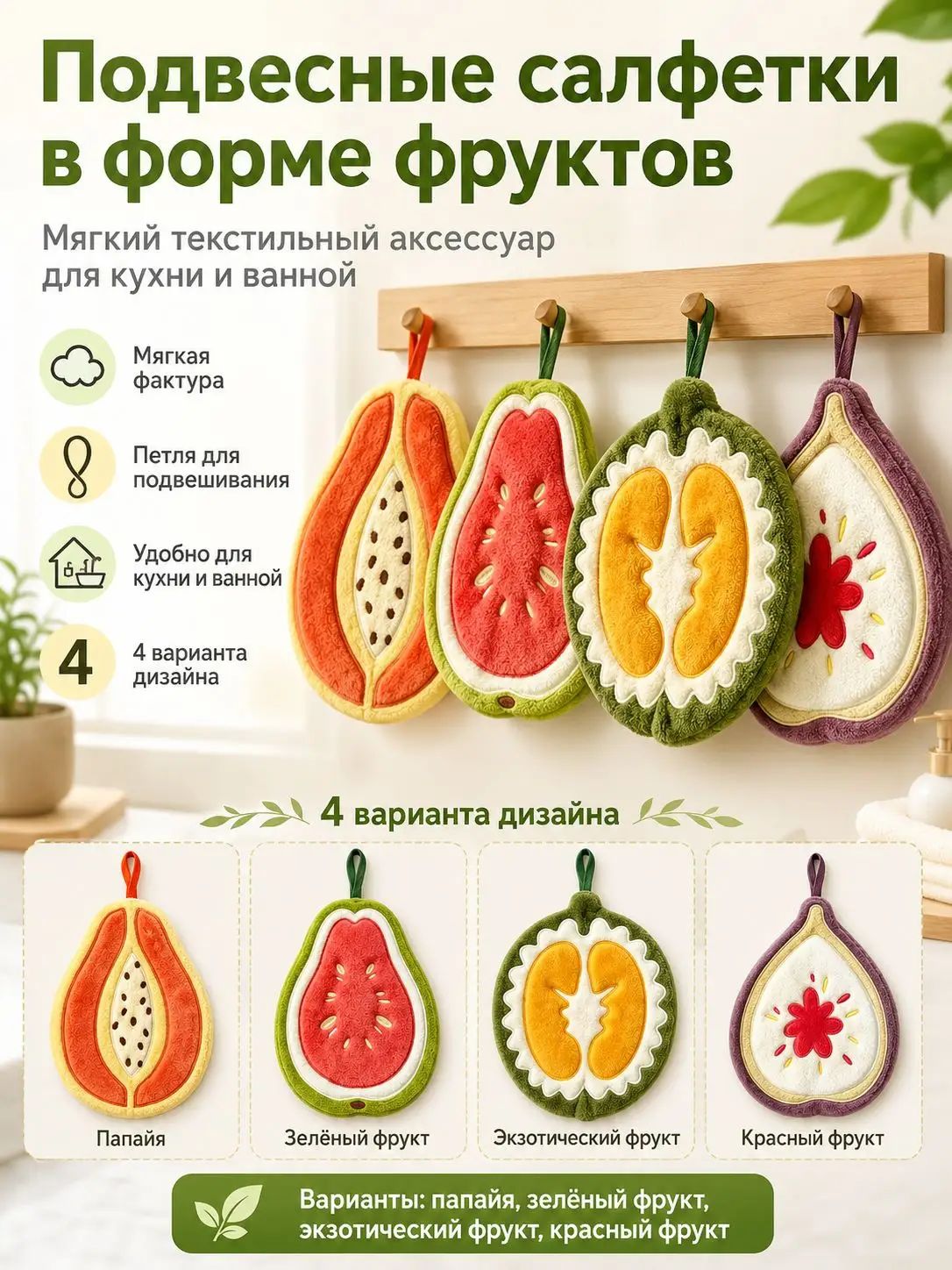 Полотенце кухонное 19x25 4 шт корал-флис зеленый, желтый
