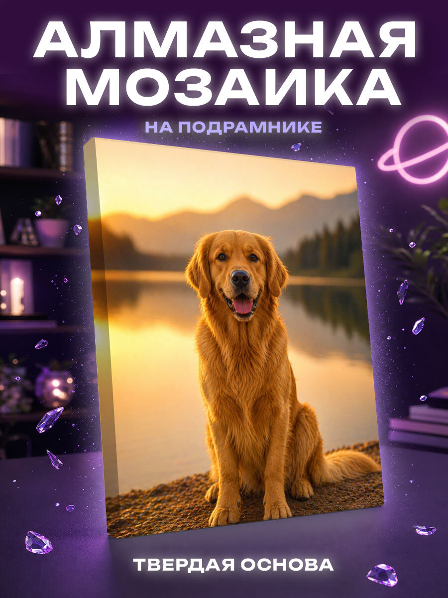 Алмазная мозаика Золотистый ретривер сидит у озера