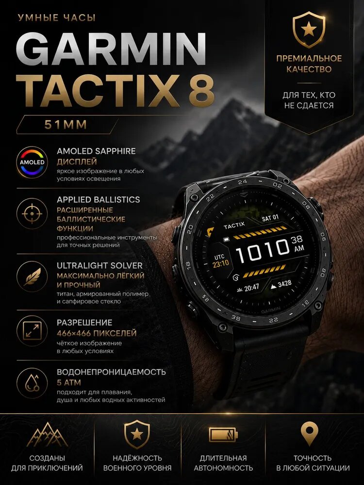 Умные Смарт-часы водонепроницаемые с функцией звонка для IOS и Android. Garmin Tactix 8 51mm AMOLED